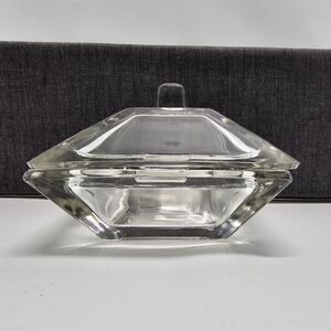 Vtg Geometric Glass Ashtray Dish with Lid Diamond Cut Clear Bowl MCM Art Decor